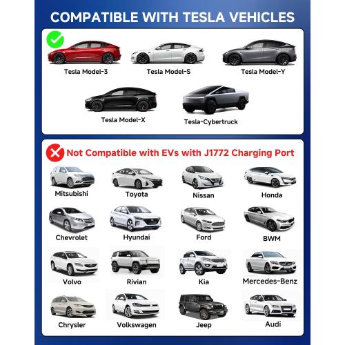 Level 1/2 Tesla Charger, 12A/16A, 25ft Extension Cable, Dual Voltage 240V NEMA 6-20 Plug & 120V NEMA 5-15 Adapter, NACS Connector, Portable Home Electric Car EV Charger for Tesla Models Y/X/3/S