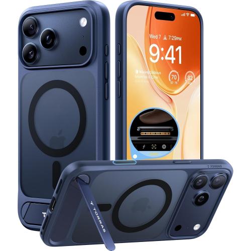 TORRAS Strong Magnetic & Seamless Stand for iPhone 17 Pro Case, Deep Blue | Fit for MagSafe, Adjustable Kickstand, Shockproof Case for iPhone 17 Pro Phone Case with Kickstand, Slim, Translucent