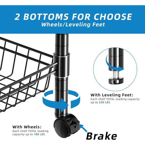 3 Tier Rolling Cart Service Cart Wire Basket Shelf Storage Trolley Shelf 2 Bottoms for Choose(Castor or Leveling Feet) for Office,Kitchen,Black(23.23 L x 13.11 W x 32.28 H)