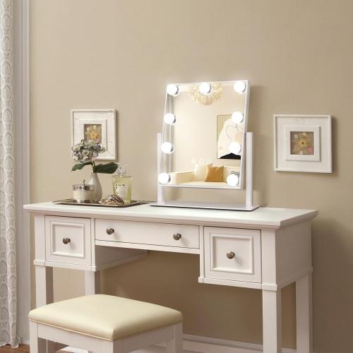 WHITE Hollywood Vanity Makeup Mirror with Lights - 9 LED Bulbs, Touch Control, 3 Colors Light, 360° Rotation, Light Up Vanity Mirror for Dressing Room & Bedroom