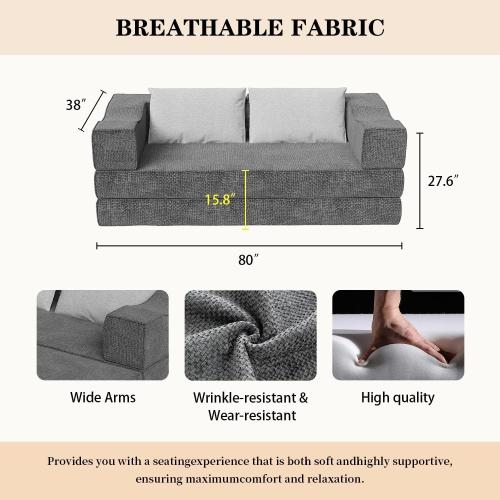80 King Size Convertible Sofa Bed Sleeper, Foldable Futon Couch with Memory Foam & 2 Pillows, Chenille Fabric Modular Loveseat for Small Spaces, Apartment, Living Room, Studio (Gray, 80in)