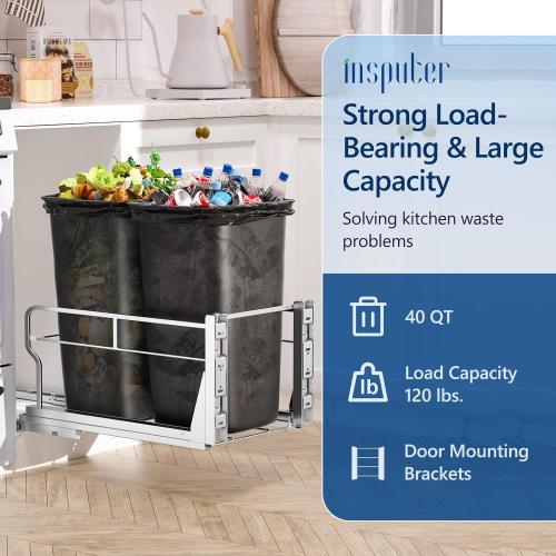 Insputer Dual Pull Out Trash Can Under Cabinet with Soft-Close Slides, Heavy Duty Under Sink Trash Can Kit for Kitchen Sink, Laundry, Garbage Can Not Included, Requires 17 W X 24 D Cabinets