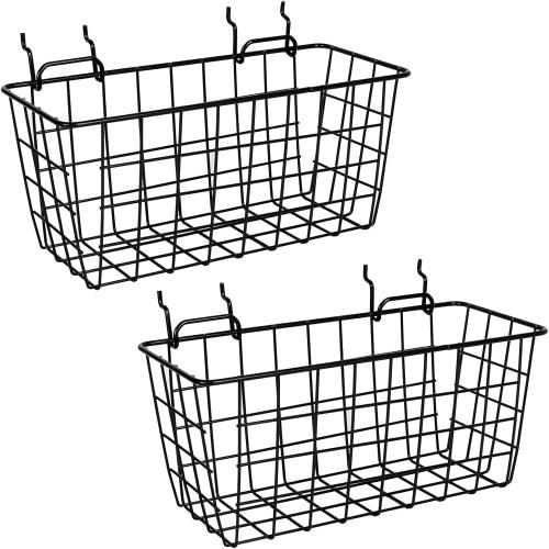 Pegboard Baskets 2 Pack Peg Board Metal Shelves Organizers (Medium, Black) | 1/8 1/4 Pegboard Accessories Organizers, Heavy Duty Steel Shelf Bins, Tools Craft Supplies Storage Garage Wall Organizer