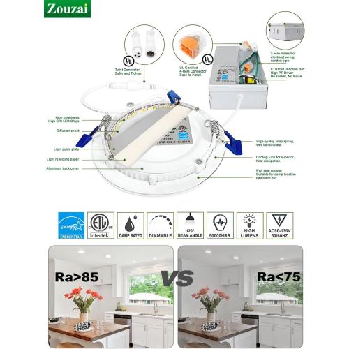 zouzai 12 Pack 4 Inch Ultra-Thin LED Recessed Ceiling Light with Junction Box, 5000K Daylight, 9W Eqv 80W, Dimmable Canless Wafer Downlight, 810LM High Brightness, ETL and Energy Star Certified