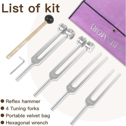 Tuning Forks for Healing Set - Weighted & Unweighted Tuning Fork(128Hz, 136.1Hz, 256Hz, 384Hz) with Reflex Hammer, Healing Instrunments for Sound Therapy & Meditation