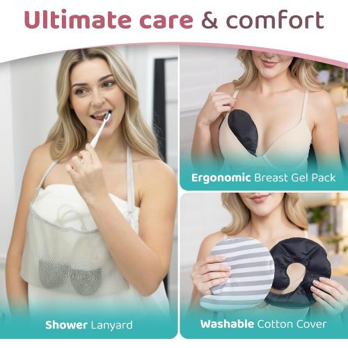 Zomaple Mastectomy Recovery Pillow with Strap, Swirly Gel Pack, Seat Belt Cover & Shower Lanyard – Post-Op Essentials, Breast Augmentation/Reduction & Recovery Supplies – Washable Cover for Comfort