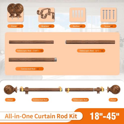 Wood Curtain Rods for Windows 18-45 Adjustable Window Treatment Rods