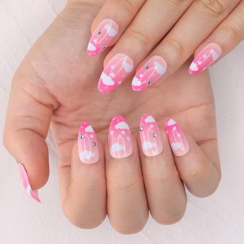 morily 24pcs Press on Nails Medium Length Almond Fake Nails Kit Long Ombre Pink Acrylic False Nails with White Cloud Design Crystal Artificial Glossy Stick on Nails Finger Manicure for Women