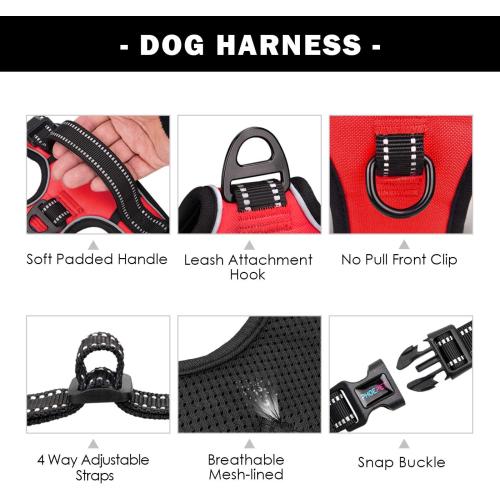 PHOEPET No Pull Dog Harness Medium Reflective Front Clip Vest with Handle,Adjustable 2 Metal Rings 3 Buckles[Easy to Put on & Take Off](M, Red)