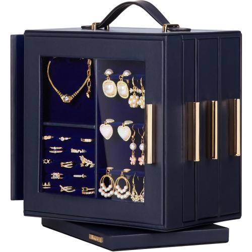 Homde Jewelry Box 360° Rotating, Necklace Earring Organizer with Transparent Window, Mirror, 7 Drawers, Large Ring Display Storage Case for Girls Women (Dark Blue)
