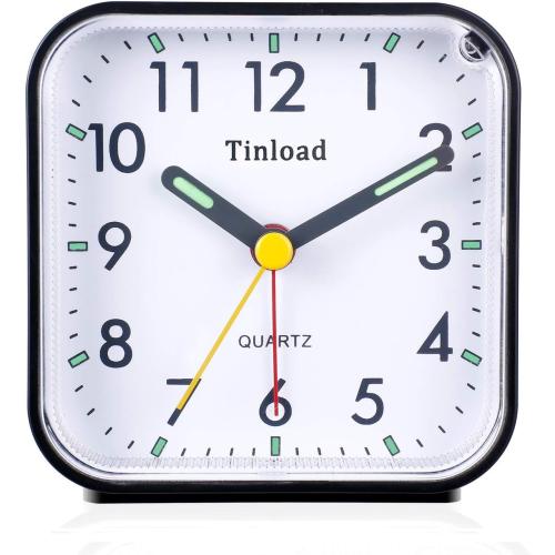 Tinload Small Battery Operated Analog Travel Alarm Clock Silent Non Ticking, Gentle Wake, Ascending Beep Sounds, Snooze,Lighted on Demand, Easy Set(Black)