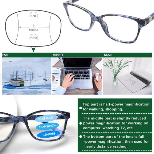 4 Pack Progressive Multifocus Reading Glasses for Women Men Spring Hinge Blue Light Blocking Readers