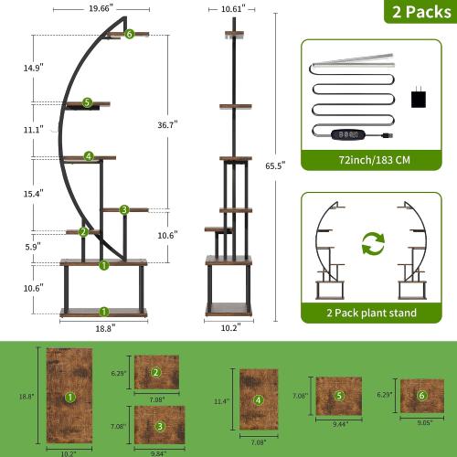 BACEKOLL Plant Stand with Grow Lights 2 Pack Tall Indoor Plant Shelf 64 | 7-Tier 2 Pack 64 Plant Stands, Grow Lights Dual-Head, 14 Potted Stands   2 Hangers, Half-Moon, Iron Frame, for Patio, Black