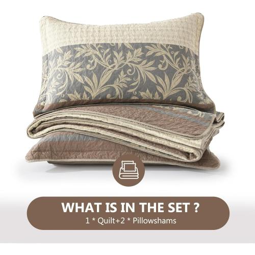 100% Cotton Quilt Set Queen Size - Striped Quilted Comforter, Patchwork Botanical Queen Quilt Bedspread, Modern Farmhouse Lightweight Bedding for Queen Bed, 3pcs, Brown/Beige/Gray