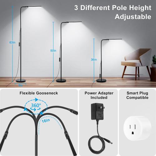 LED Floor Lamp, 18W/2000LM Bright Reading Floor Lamp for Office with Double Head, Adjustable Gooseneck Dimmable Modern Standing Light for Lash Extension Craft, Eye Caring Floor Lamps for Living Room