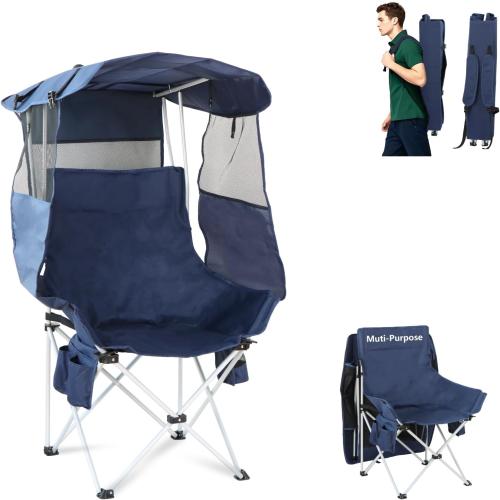 Folding Camping Chairs Canopy Outdoor: Sports Portable Beach Chair with Canopy-Lawn Beach Chairs with Umbrella for Adults-Camping Chair with Shade for Fishing Camp Heavy Duty (Regular, Navy Blue)