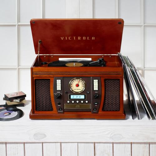 Victrola Aviator 8-in-1 Bluetooth Record Player & Multimedia Center with Built-in Stereo Speakers - 3-Speed Turntable, Vinyl to MP3 Recording, Wireless Music Streaming, Mahogany