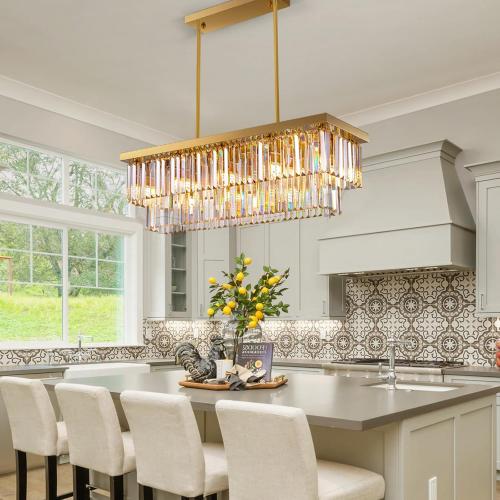 Siljoy 10-Light Rectangle Gold Crystal Chandelier for Dining Room Modern Rectangular 2 Tiers Crystal Raindrop Chandelier Linear Pendant Ceiling Light Fixture for Kitchen Island L40'' x W10'' x H10''