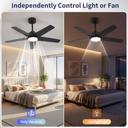42 Inch Ceiling Fans with Lights and Remote for Bedroom Living Room Kitchen Home Office Indoor/Outdoor, 6CCT Dimmable, Dual Color 5 Blades, 6 Speed Reversible Quiet DC Motor, Black/Wood Grain