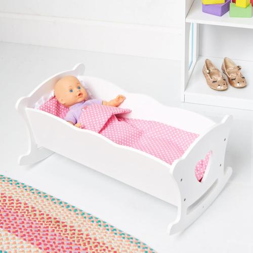 Green series Kids Wooden Doll Cradle – Baby Doll Rocking Cradle with Pillow & Blanket, Fits Dolls Up to 20 Inches - White/ peach ?