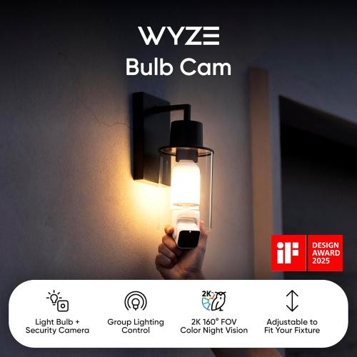WYZE Bulb Cam Security Camera, 2K HD Outdoor Light Bulb Camera, Color Night Vision, Dimmable LED Bulb, Motion Detection, Siren Alarm, Works w/Alexa/Google Assistant. Free Expert Support