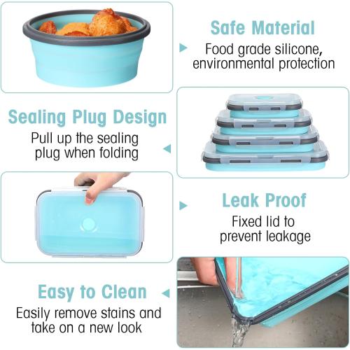 Yaomiao 16 Pack Collapsible Food Storage Containers with Lid Foldable 8 Pcs Rectangle Storage Bowl and 8 Pcs Round Silicone Food Bow for Lunch Rv Accessories Microwave Freezer Safe(Gray, Blue)