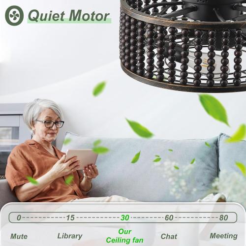 Ceiling Fans with Lights and Remote - Bulbs Included, Caged Fandelier with Handcrafted Beaded Décor 19 inches Reversible Flush Mount Installation Ceiling Fan, Gloss Black