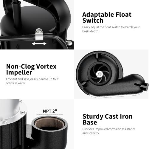 FOTING 1HP 5600 GPH 40FT Sump Pump Submersible Sewage/Effluent Pump - Heavy Duty Cast Iron Automatic/Manual - 115V Septic Pump for Sump Basin/Residential/Sewage/Basement, 2'' NPT,Black