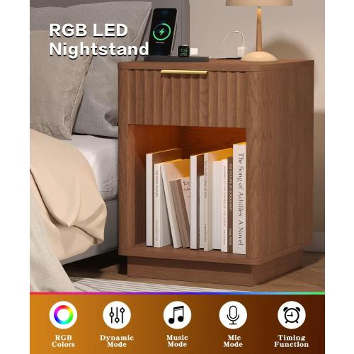 Akxomel Fluted Nightstand, Wooden Night Stand with Charging Station and LED Light, Modern Mid Century End Table with Drawer, 15 D x 15.7 W x 22.6 H, for Bedroom, Walnut