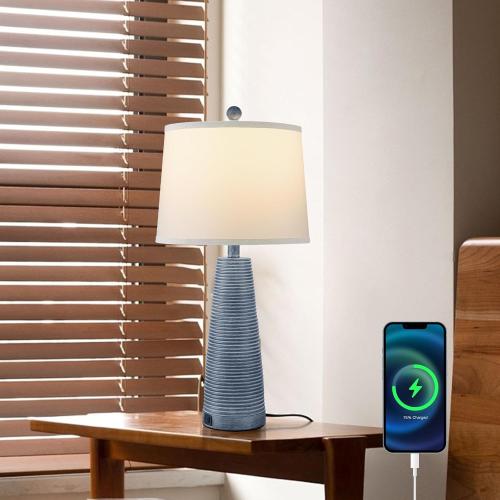 Terpsichore Nightstand Lamp Bedside Lamps Set of 2 Vintage Rustic Farmhouse Table Lamp 3 Way Dimmable Horizontal Stripe Light,Suitable for Living Room Bedroom,with Linen Shade LED Bulb,USB A C Port