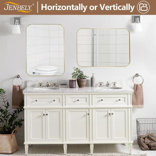 Brushed Nickel Bathroom Mirror, Framed Rectangle Mirror with Rounded Corner, Brushed Mirror, Silver Bathroom Mirror for Over Sink, Vanity, Living Room, Bedroom, Horizontal/Vertical