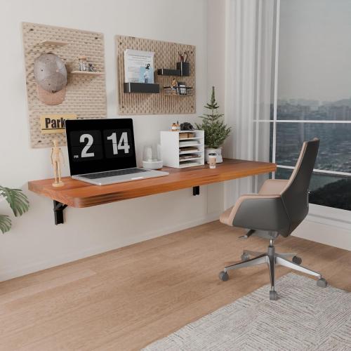 IAE Wall Mounted Folding Table with Pine Wood,Floating Wall Desk,Laundry Folding Table with Shelf Brackets,Fold Down Desk Shelf,Folding Workbench for Home,Dining,Laundry Room,Kitchen,36 x 14,Teak