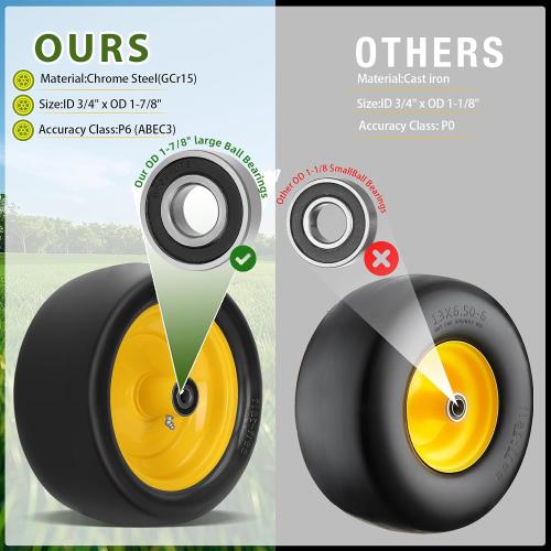 BLACK TIRE YELLOW RIM 2 Pcs 13x6.50-6 Lawn Mower Tires Flat Free with 3/4 Chrome Steel Bearings, 13x6.50-6 Zero Turn Mower Front Tires, 13x6.5-6 Flat Free Lawn Mower Tires for Commercial Grade Lawn, 5.5-7.5 Centered Hub