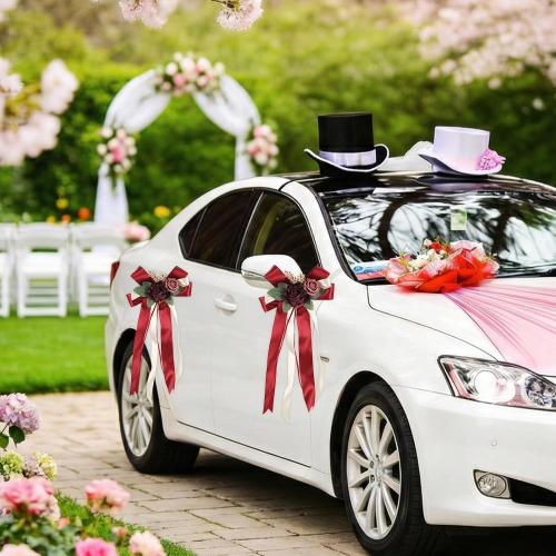 4PCS Wedding Car Door Handle Decorative Flowers, Burgundy Roses Artificial Flowers Bow Bouquet Just Married Automotive Decorations Accessories for Door Handles and Mirror(Burgundy)