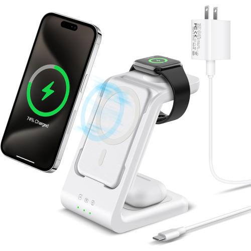 3 in 1 Wireless Charging Station: 5000mAh Removable Power Bank Charger Stand for Phone/Watch/Air Pods - Portable Magnetic Battery Pack for Air 17 16 15 14 13 12 Series White
