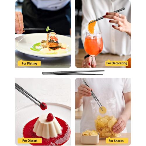 4 Pcs Fine Long Tweezer Tongs Professional Black, 12'' and 10'' Stainless Steel for Kitchen, Food, Cooking, Repairing, Sea food and BBQ