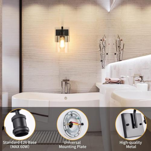 HOXIYA 2 Pack Matte Black Bathroom Vanity Light, Farmhouse Industrial Modern Wall Sconce Lighting Fixtures with Clear Glass Shade for Hallway Entryway Bathroom