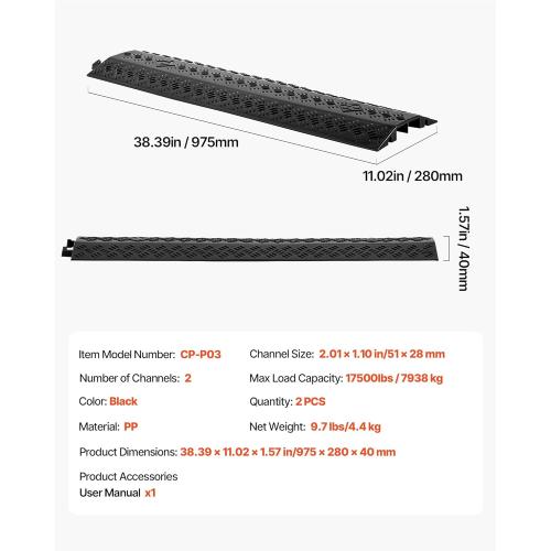 VEVOR 2 Pack Drop Over Cable Cover, 2 Channel Heavy Duty Cable Hose Protector Ramp, 38.3'' Floor Cord Cover, 17,500 lbs/Axle Load Capacity, for Traffic Areas, Indoor, Outdoor, Home, Office, Warehouse