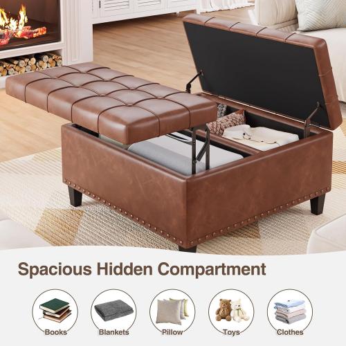 Color brown Square Leather Ottoman with Storage, Faux Leather Coffee Table with Lift Top,Large Upholstered Footrest Stool Toy Box Storage Bench for Bedroom Living Room, Brown
