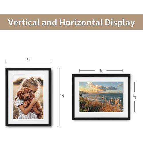 ZLG Black 5x7 Frame, Premium 5x7 Metal Frame Matted to 4x6, 5x7 Picture Frame, High Definition Plexiglass, Wall Hook Included, Set of 1
