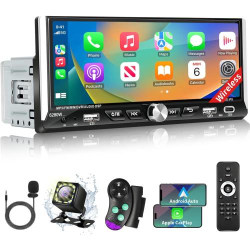 Single Din Radio Car Stereo with Wireless Apple Carplay & Android Auto, 6.9 UHD Touchscreen Car Stereo with Bluetooth, 1080P Backup Camera Mirror Link Navigation USB Type-C Fast Charging FM/AM EQ SWC
