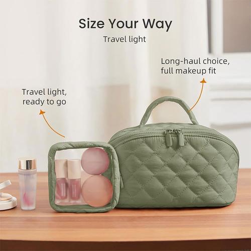 Travel Makeup Bag for Woman, Puffy Padded Quilted Makeup Bag, Lay Flat Makeup Bag, Large Capacity Pouch Open Flat Small Toiletry Bag with Brush Compartment & Handle (Green)