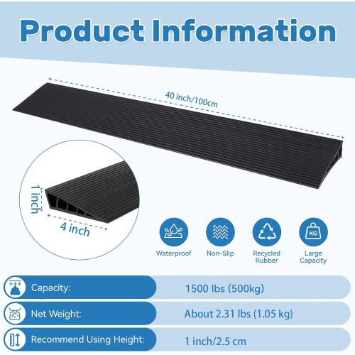 1 Rise Threshold Ramps for Doorways 40'' L Floor Transition Strip Self-Adhesive Ramps for Wheelchairs for Home, Door Threshold for Home (Black)