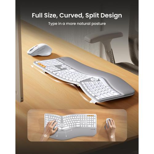 ProtoArc EKM01 Plus Wireless Ergonomic Keyboard Mouse Combo - White Silver | Full-size Split Keyboard with Cushioned Wrist Rest, Ergonomic Mouse, 3-Device Bluetooth/2.4G, USB-C Rechargeable