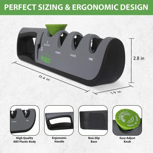 4 in 1 MAJAZ Knife & Scissor Sharpener, Tungsten Steel, Diamond & Ceramic Slots for Different Functions, Adjustable Angel to Fit All Knives Styles ( Kitchen, Fillet, Pocket, Hunting & Tactical Knives)