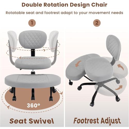 Cross Legged Office Chair with Wheels, Wide Criss Cross Kneeling Home Office Desk Chairs with Back Support, Ergonomic Adjustable Height ADHD Stool with Rotating Footrest for Yoga Meditation