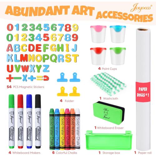 JOYOOSS Kids Wooden Easel with Paper Roll - Adjustable Magnetic Double Sided Drawing Board Whiteboard & Chalkboard Dry Easel Board,Children Art Easel for 3~12 Years Kids Boys Girls Painting Drawing