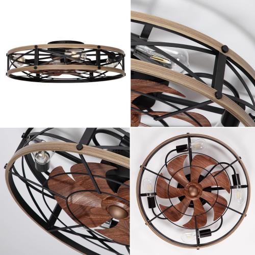 SHLUCE 24 Flush Mount Farmhouse Ceiling Fan with Light, Modern Caged Bladeless Ceiling Fans with Lights and Remote, Large Rustic Low Profile Ceiling Fan with Light for Bedroom, Living Room - ETL