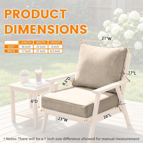 Sundale Outdoor Olefin Deep Seat Cushion Set of 2, Patio Chair Cushion and Pillow, Water-Resistant Sectional Sofa Pad with Straps Beige, 23 x 26 x 6 Inches