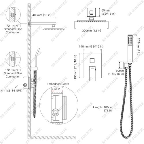 SR SUN RISE SRSH-D1203 12 Inches Bathroom Luxury Rain Mixer Shower Combo Set Wall Mounted Rainfall Shower Head System Polished Chrome Shower Faucet Rough-in Valve Body and Trim Included
